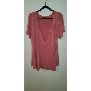 Torrid Size 3 (3X) Pink Ruffle Surplice Wrap Front Tie Blouse Short Sleeve Top